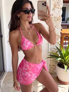 2026 New Women's Fashion Sexy Tie-Back Floral Bikini Set, Three-Piece Beachwear, Perfect for Vacation, Slim-Fitting, All Seasons