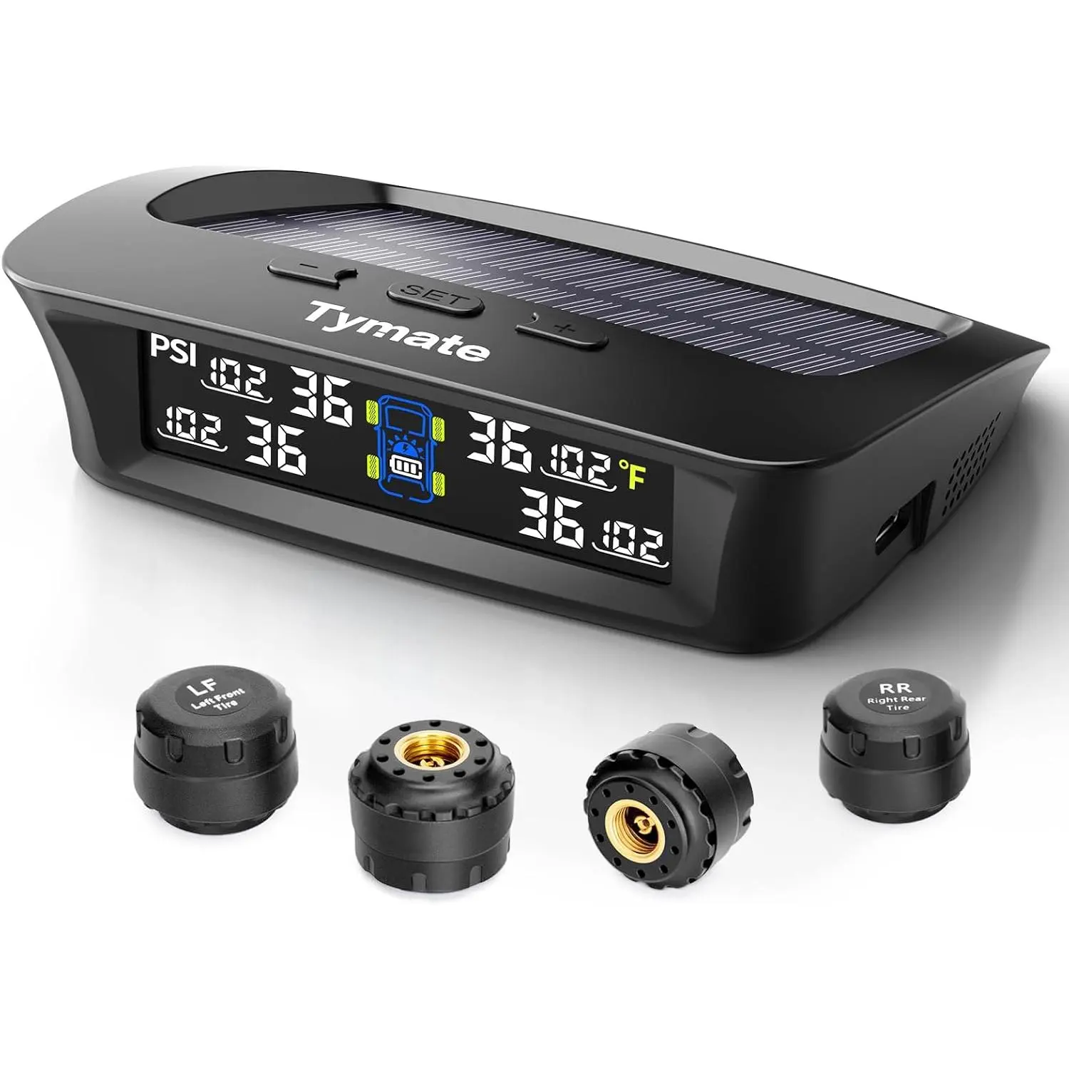 Tymate TM3 RV Tire Pressure Monitoring System (TPMS) with 4 Sensors, 10-Tire Max Capacity, 6 Alarm Modes, 0-144PSI, Solar & USB Charging, Color Display for RV/Trailer/Truck