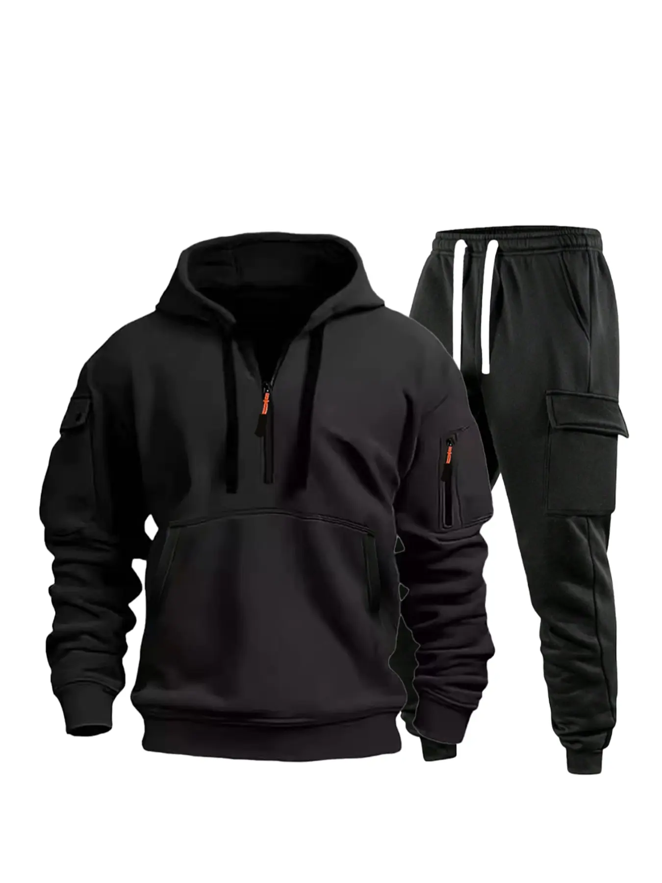 Men's Fall Winter Casual Fashion Plain Fleece Lined Knit Thickened Workwear Fitted Hoodie Sweatshirt Set, Warm Pullover for Cold Weather