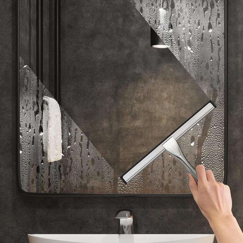 【NewYear2026】Stainless Steel Shower Squeegee for Bathroom – 10 Inch All-Purpose Glass Door, Window, Mirror & Tile Cleaner with 2 Adhesive Hooks, Silver