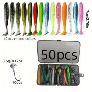50pcs Fishing Lure Set, Fishing Tackle, Lead Head Hooks Soft Bait T Tail Soft Baits, High-Quality Fish Attractant, Durable & Versatile