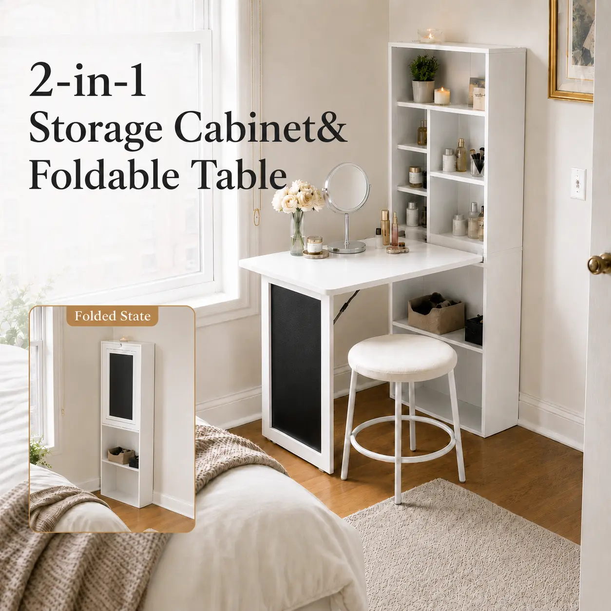 2-in-1 Storage Cabinet Foldable Desk Wood Storage Shelf 20”W with Outlets 5 Storage Shelves Blackboard for Small Spaces