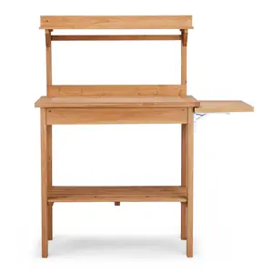 Outdoor Garden Potting Bench Table with Folding Pallet, Wooden Horticulture Planting Worstation with Metal Tabletop and Storage Shelves, Natural Wood