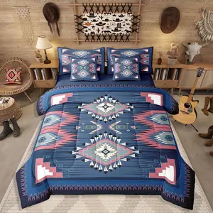 Bohemian Decor Bedding Set,7 Piece for Boys Rustic Western Bed in A Bag for Kids Teens Youth Adult Dark Blue Boho Aztec Comforter Set with Sheet Geometric American Native Bed Sets