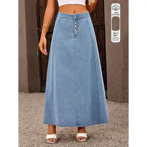Women’s solid-color denim skirt with button fly, casual fashion skirt for daily outdoor wear, womenswear