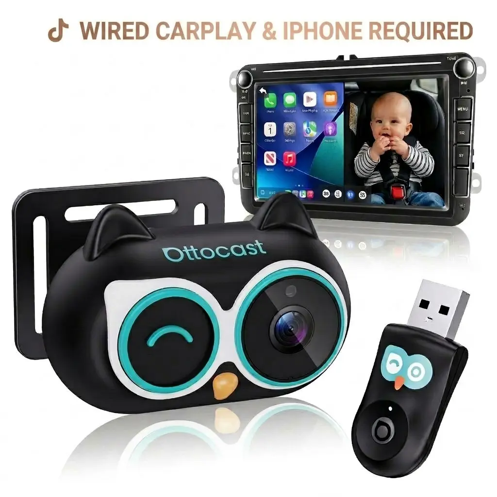 【fathersdaygift】【WIRED CARPLAY AND IPHONE REQUIRED】OTTOCAST Baby Car Camera &Wireless CarPlay Adapter,1080P HD Rear Seat Monitor Display on Car Screen,150°Wide Angle No-Glow Night View, Safety for Kids & Infants