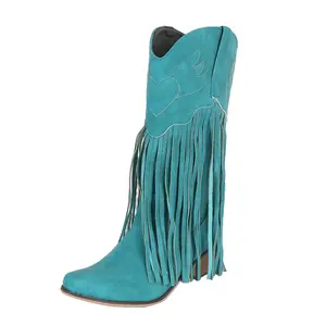Women Fringe Cowboy Boots Square Toe Mid Calf Embroidered Western Boots,Tassel Cowgirl Boots Stacked Heel Retro Boots