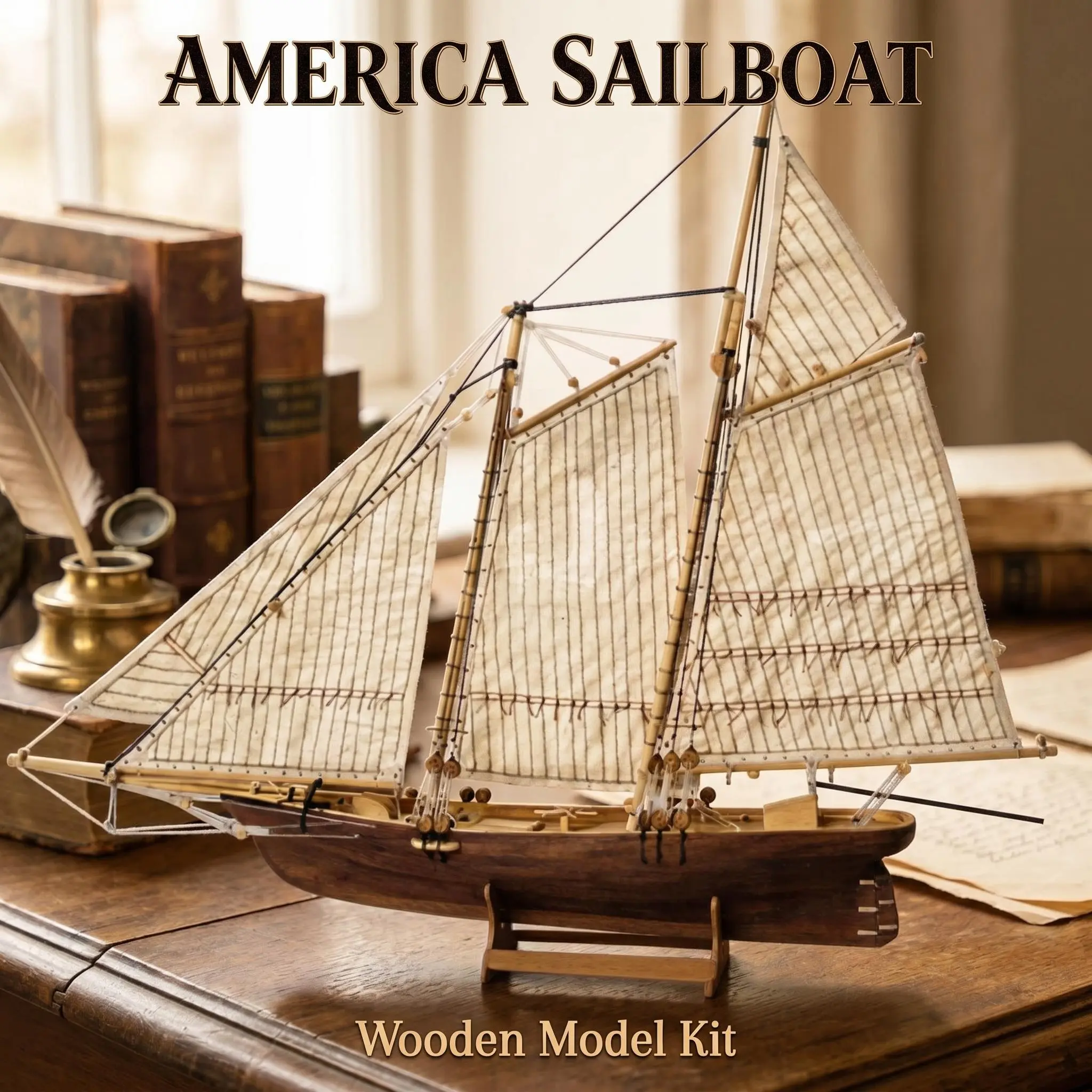 American Handcrafted Wooden Sailboat 3D Puzzle Model Kit - 40cm Fully Assembled Retro Yacht, Nautical Desktop Decor, Room Decor, DIY Wood Craft Gift for Fathers Day, 4th of July