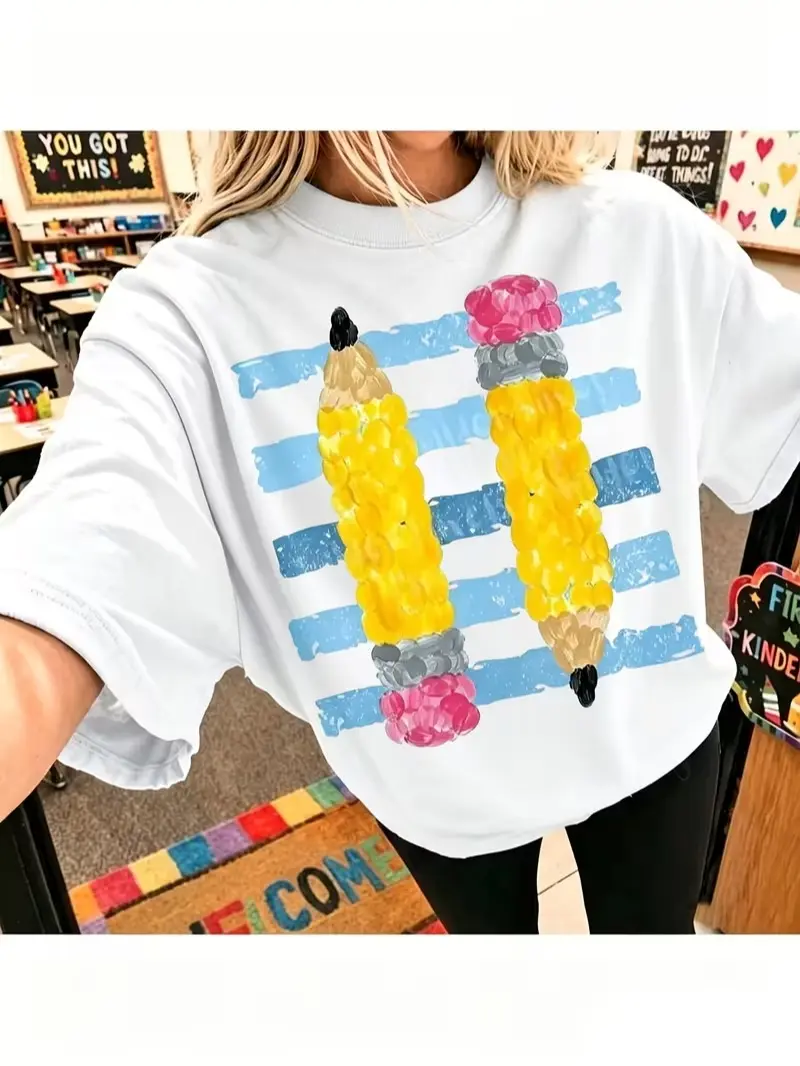 Pencil Stripe Graphic T-Shirt, Casual Cotton Tee for the Classroom, Back to School Teacher Clothes