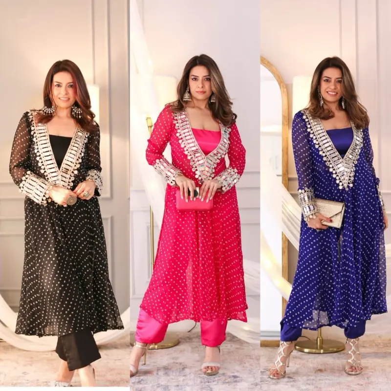 Women indo western mirror work kurta set party wear Indian fusion set