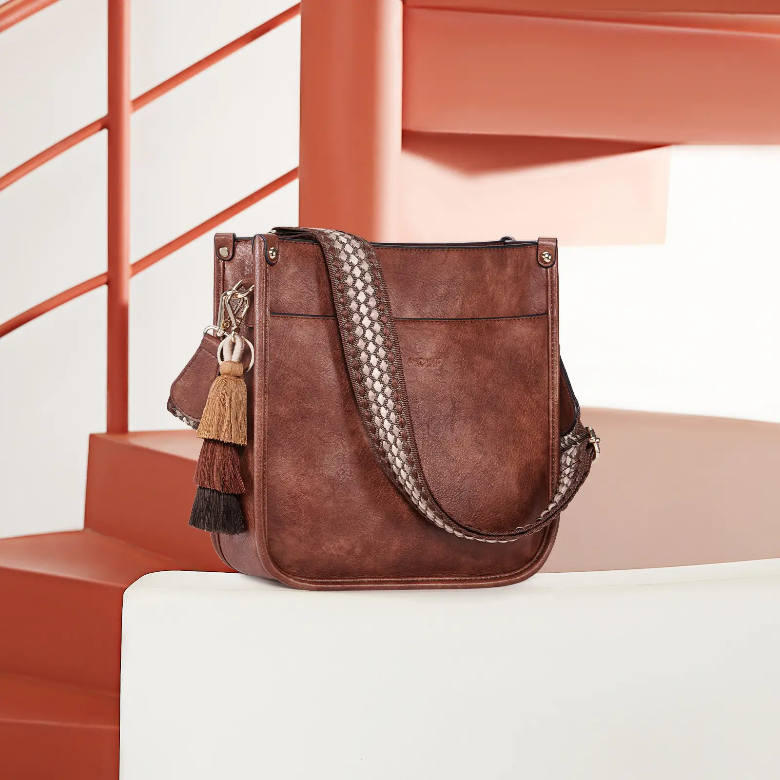 HKCLUF 4082 Women Crossbody Bags Trendy Vegan Leather Hobo For Women Shoulder Handbags Purse for Women with Tassel Pendant and Guitar Strap Perfect fo