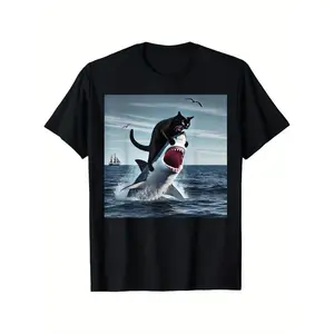 Cat Biting Shark Graphic Tee Relaxed Fit Short Sleeve Casual Comfortable All Season Apparel Comic Style Heat Transfer Print Golf Gift T-Shirt For Men And Women  Golf Gift T-Shirt For Men and Women