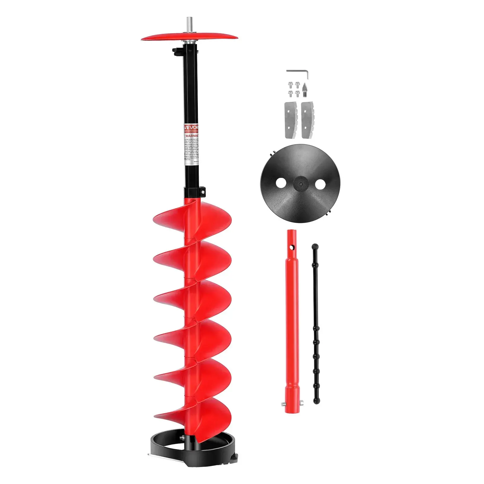 【Summerfinds】VEVOR Portable Cordless Aluminum Ice Fishing Auger Bit Tool, 8" Dia, 41in Length, 13.4in Extension Rod, Impact-Resistant, Efficient Ice Penetrating, Adapter, Top Plate, Blade Guard, Drill Heads, Replacement Blades