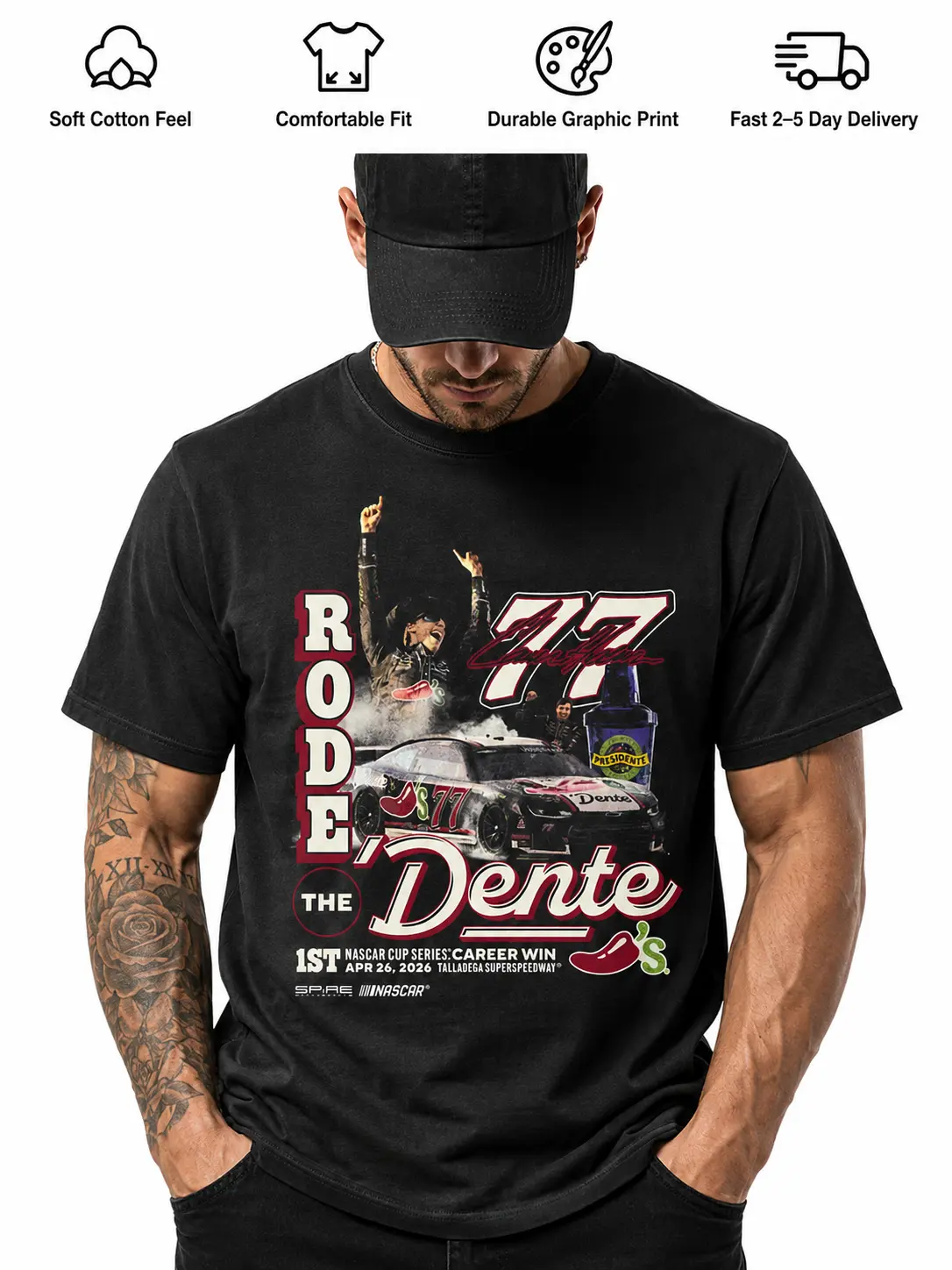 Carson Hocevar #77 Rode The Dente NASCAR T-Shirt, 1st Career Win Talladega Race Car Graphic Tee for Race Day Fans | Menswear & Underwear - Men's Tops - T-shirts - Men's Short-sleeve T-shirts