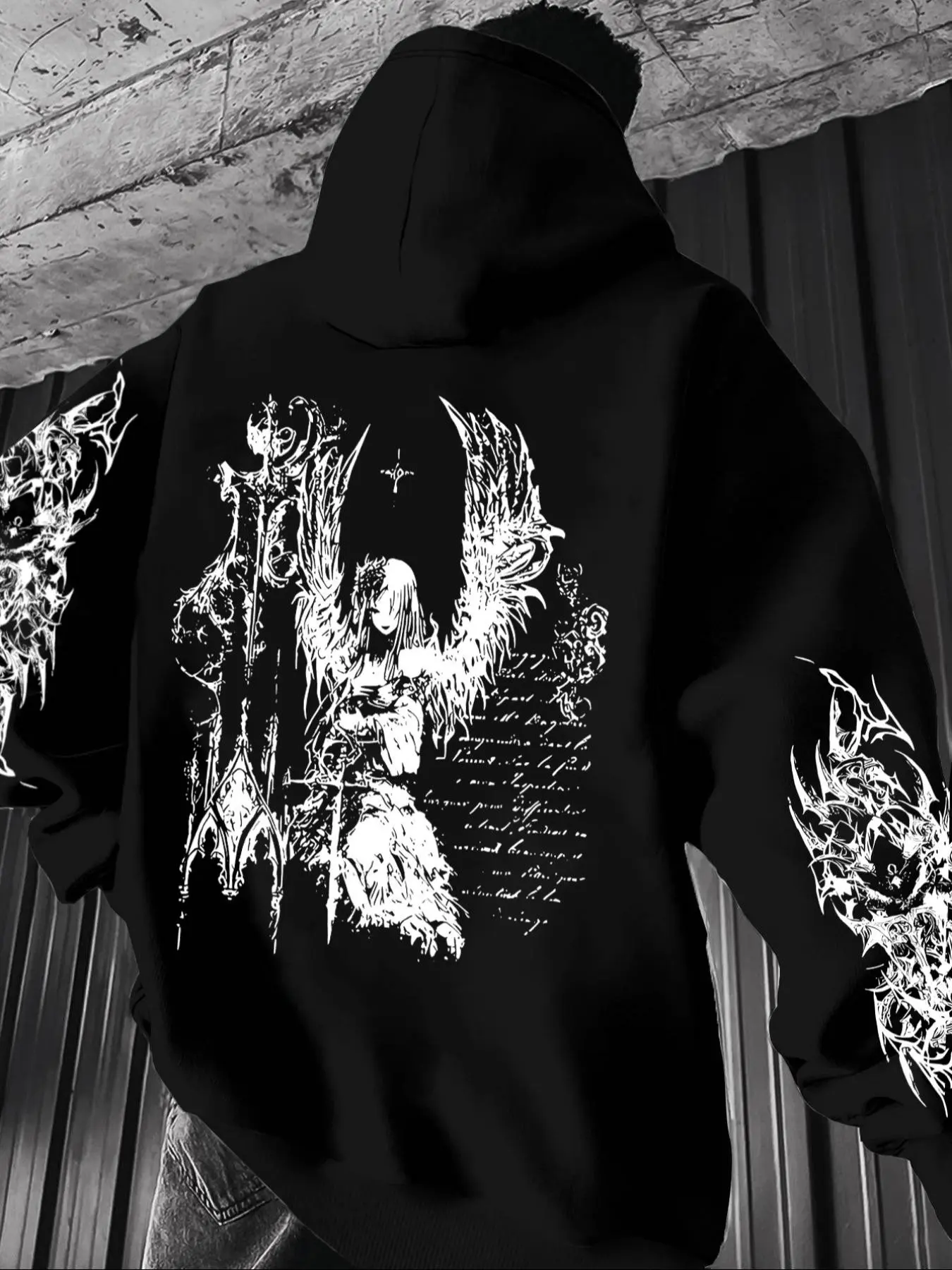 Men's Casual Loose Fit Gothic Angel Graphic Print Fleece Pullover Hoodie, Fall & Winter Fashion, Versatile Top for Men, Gothic Hoodies