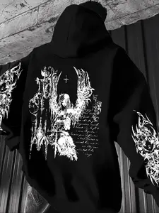 Men's Casual Loose Fit Gothic Angel Graphic Print Fleece Hoodie, Fall & Winter Fashion, Versatile Top for Men