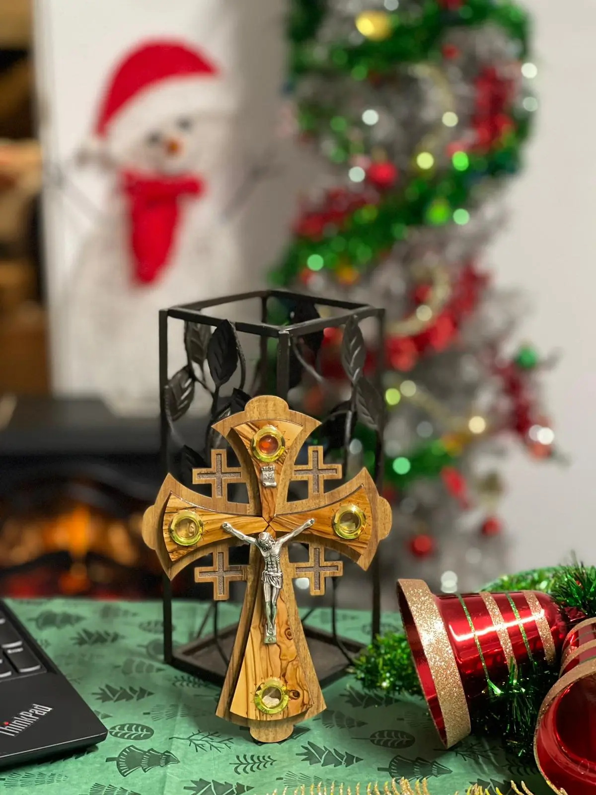 Olivewood Wall Cross with Jerusalem Gems