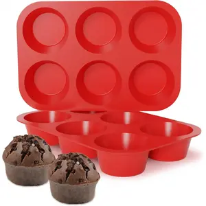 Silicone Muffin Pan, 3.5 Inch Silicone Texas Muffin Pan 6 Cup Large Cupcake Pan Nonstick Silicone Molds 2 Pack Red