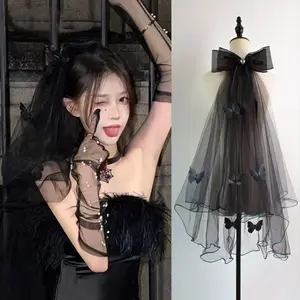 Gothic Black Veil with Butterfly & Bow Design - Halloween Cosplay Hair Accessory for Girls - Dark Y2K Aesthetic Vibe - Viral TikTok Look