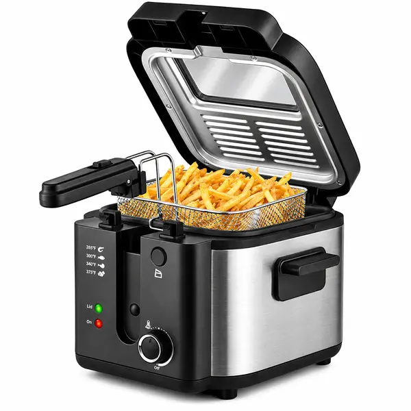 SUSTEAS Electric Deep Fryer, 2.6QT/2.5L Stainless Steel Deep Fryer with Basket & Lid, 1500W Adjustable Temperature Control, Nonstick Pot, Easy to Clean Countertop Fryer