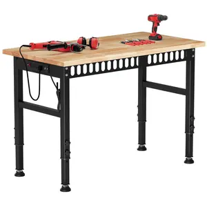 48-in Width Heavy-Duty Rubber Wood Top Workbench, Adjustable Height Workstation with Power Outlets, 2000 LBS Load Capacity, Quick Setup Desk for Garage, Workshop, Adjustable Height Desk