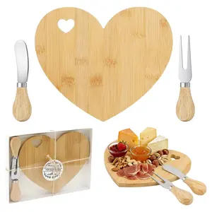 Heart-Shaped Hollow Cutting Board, Small Cheese Board with Knife Fork, Bamboo Design, Ideal for Wedding, Baby Shower, Valentine's Day