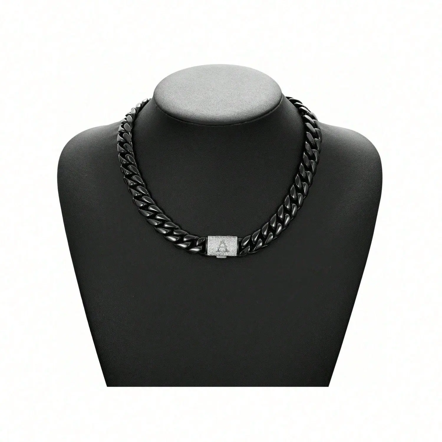 Black Stainless Steel Cuban Chain Letter Necklace for Men Hip Hop Bling Iced 14mm Miami Link Rapper Jewelry