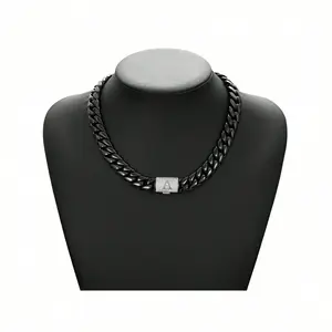Black Stainless Steel Cuban Chain Letter Necklace for Men Hip Hop Bling Iced 14mm Miami Link Rapper Jewelry
