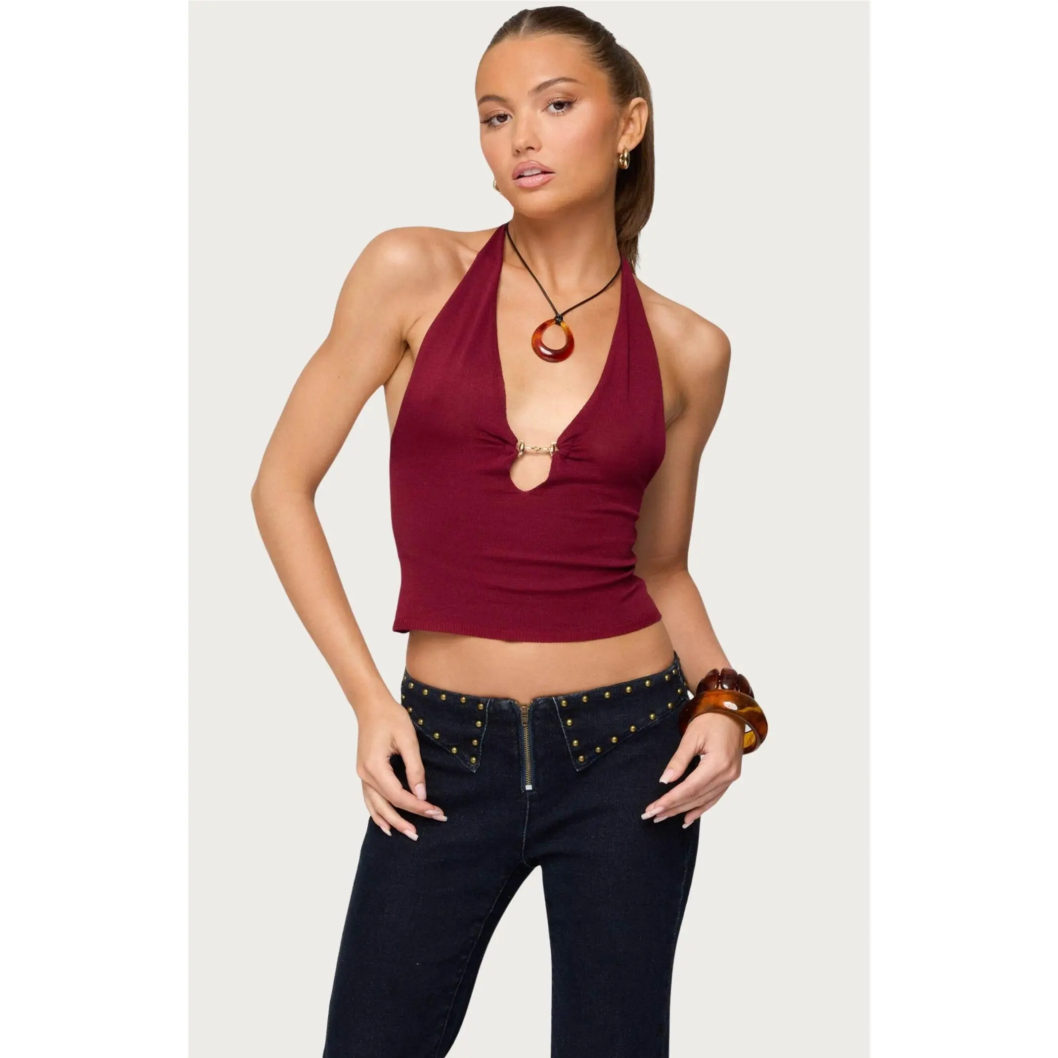 Edikted Women's Missie Knitted Plunge Neck Halter Top