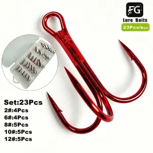 23Pcs Red Double Fishing Hooks Kit, High Carbon Steel Barbed Treble Hooks (Sizes 2# 6# 8# 10# 12#), Sharp Jig Hooks for Saltwater & Freshwater Fishing Tackle