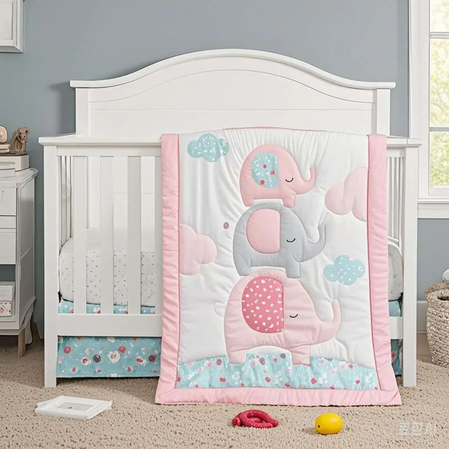 Pink Elephant 3 Piece Crib Bedding Set for Baby Girl, Include Quilt Fitted Sheet Crib Skirt Soft Breathable Nursery Bedding Set, Newborn Toddler Neutral Nursery Room Decor Crib Set