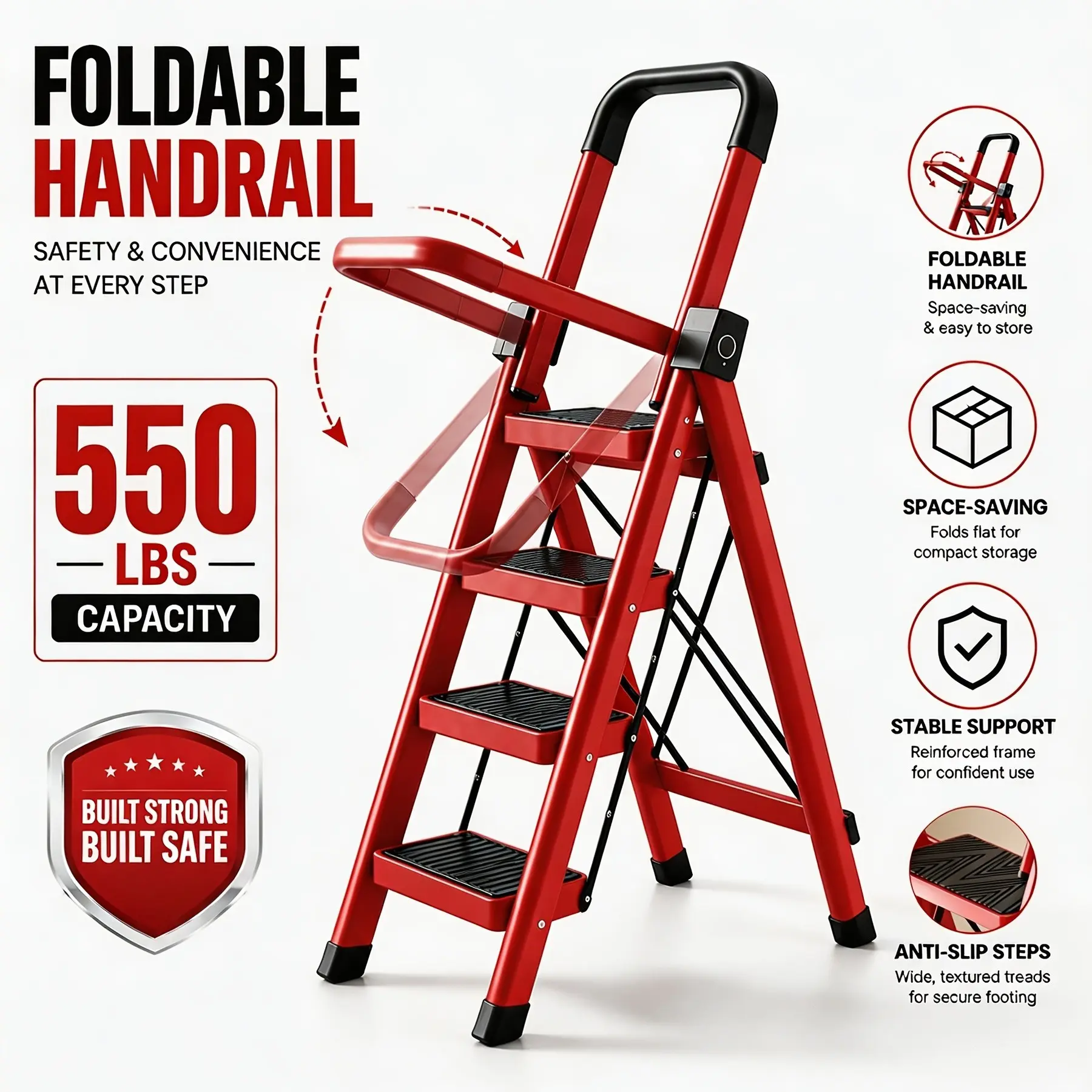 550 LBS Heavy Duty Folding Step Ladder with 180 °   Foldable Handrail, Widened Thick Anti-Slip Pedals, Upgraded Safety Lock, Space Saving Portable Step Stool for Home, Kitchen, Garage, Indoor & Outdoor Use, Available In 2, 3, 4, 5 Step Options