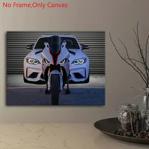 1 piece/set of frameless canvas print posters, modern realistic art, white motorcycle S1000RR and sports car M2, perfect gift for motorbike culture enthusiasts, ideal gift for bedroom, living room, kitchen, dormitory, wall decoration, Modern Home Decor