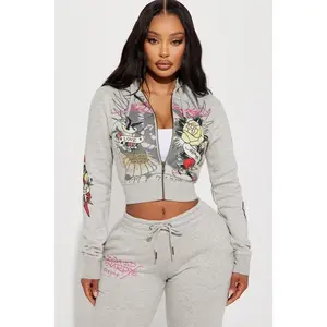 Ed Hardy Rose And Sword Zip Front Hoodie - Heather Grey R