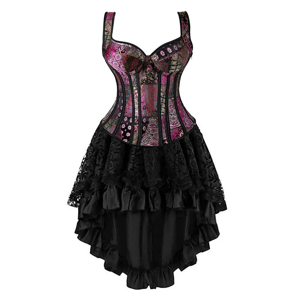 Women's Gothic Floral Jacquard Corset Dress, Steampunk Overbust Vest with High-Low Lace Skirt for Victorian Halloween Costume, Women's Clothes, Party, Lady, Flowers, Lace Up, Sleeveless, Polyester, High-Low Skirt, Alt Clothing Women