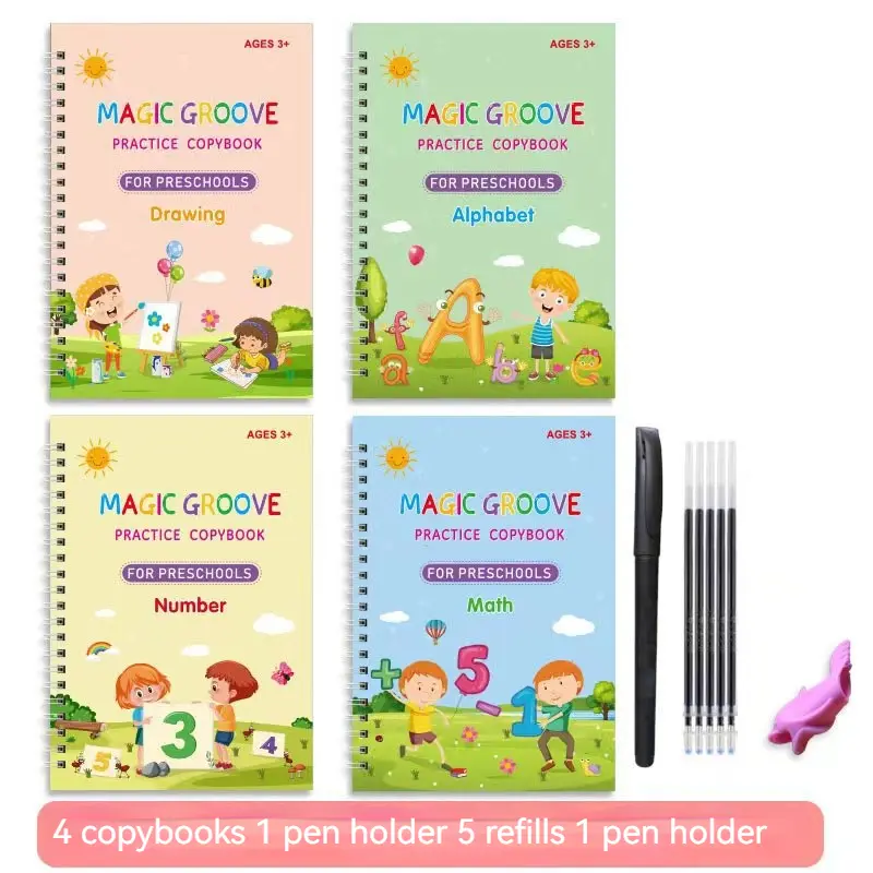 4pcs/pack Reusable Handwriting Practice Copybook Set Sight Words, Grooves, Magic Practice Montessori education Improve Writing Skills with Comfy Tracing,