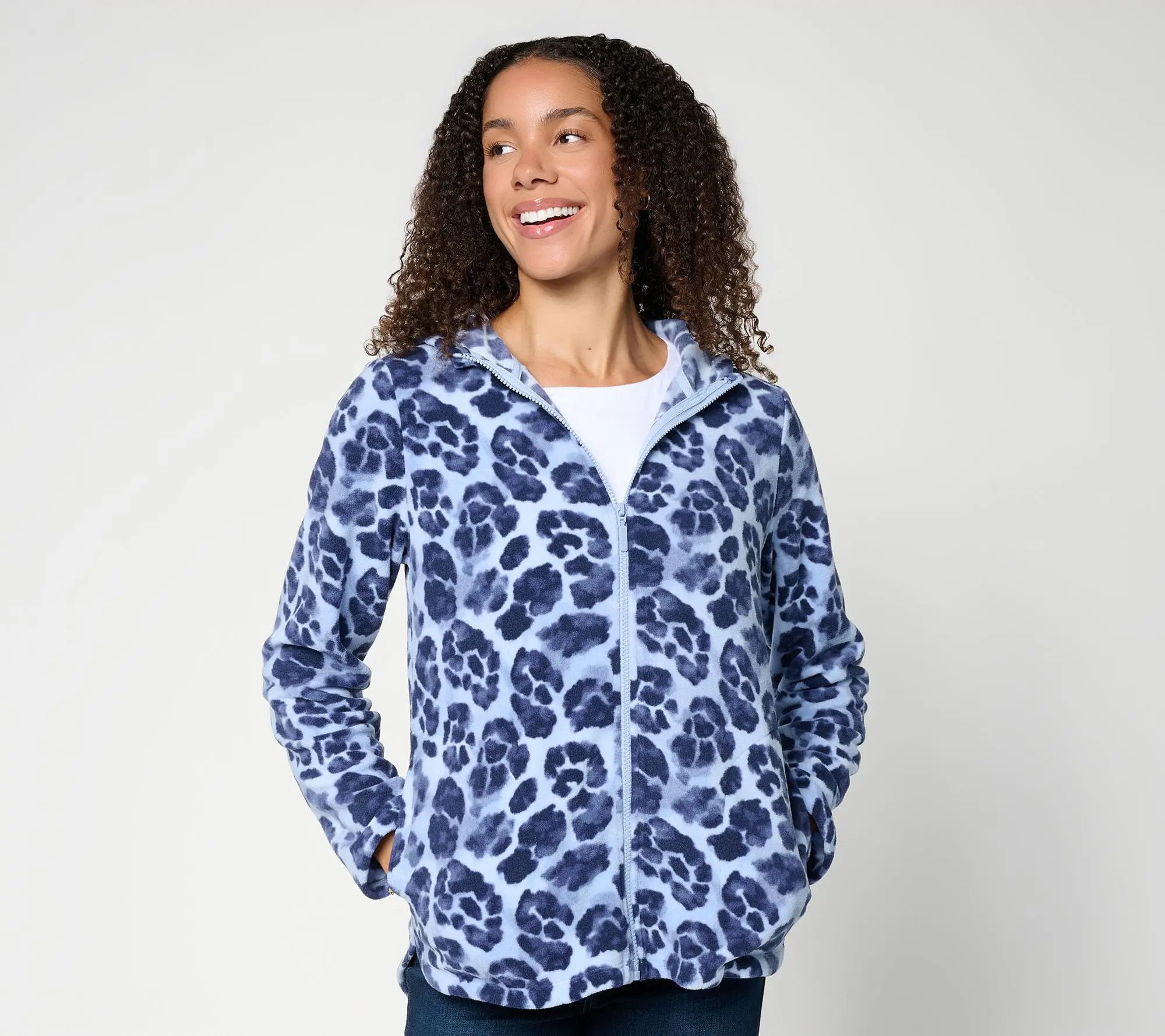 Denim & Co. Active Printed Fleece Zip Front Hooded Jacket