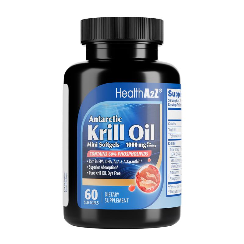 HealthA2Z Antarctic Krill Oil 1000 mg Per Serving- 60 Softgels (Pack of One) - Rich in EPA, DHA, ALA & Astaxanthin, Superior Absorption, Pure Krill Oil, Dye Free