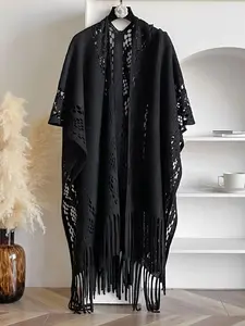 Women's Solid Color Hollow Out Fringe Trim Cape Shawl, Casual Elegant Shawl for Daily Wear, Fashion Accessories for Women & Girls, Clothes