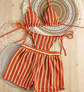 2026 New Bohemian Style Drawstring Swimsuit Three-Piece Set High-Waist Boyshort Mesh Lace-Up Bikini Set for Beach Day