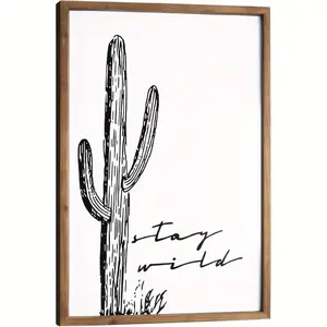 Cactus Wall Art, Wood Western Wall Decor, Black White Boho Southwestern Aztec Desert Artwork Framed, Living Room Neutral Southwest Home Decorations