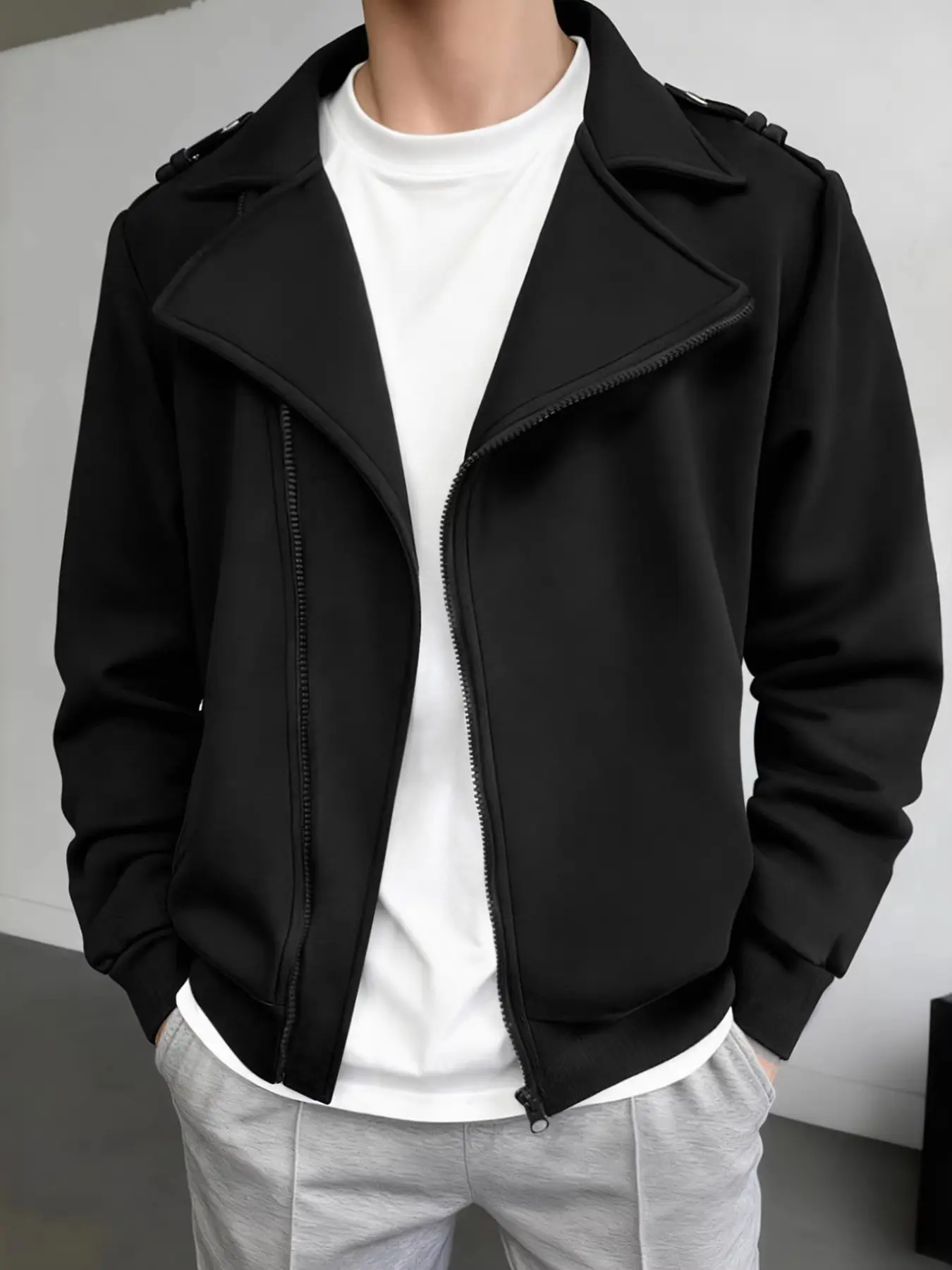 Men's Asymmetric Zipper Motorcycle Jacket, Notched Lapel Design, Casual Streetwear Top, Versatile Outerwear for Everyday Wear, Biker Style, Streetwear Jackets