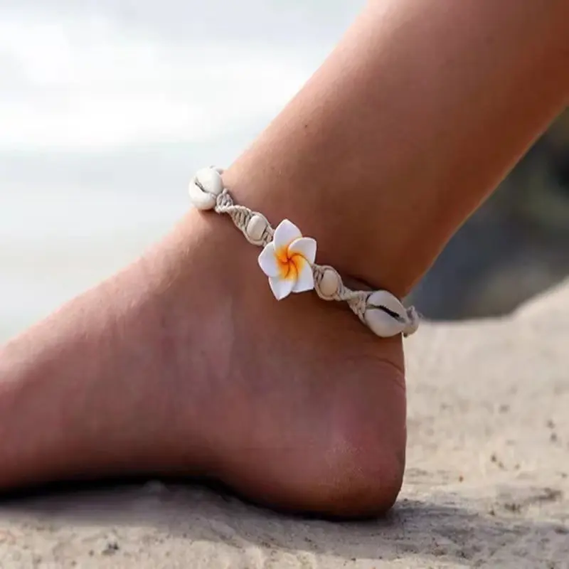 Bohemian Hand-Knotted Shell Anklet for Women - Floral Woven Rope Summer Beach Foot Jewelry - Adjustable Design Fits Any Ankle