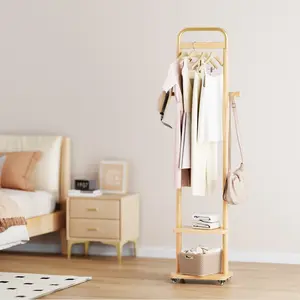 Coat Rack Freestanding Clothing Rack with Wheels & 2 Shelves Storage & 2 Hooks Heavy Duty Clothes Rack Wood Coat Tree Stand Hat Hanger Rack for Corner Bedroom Entryway Living Room Hotel