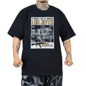 Men's Casual Cotton Round Neck Short-Sleeve Tshirt - Straight Outta Sinaloa Los Jefes Mexican Streetwear Digital Print Top, Sinaloa Pride Corrido Style Menswear for Adults
