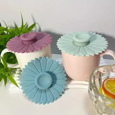 Sunflower Design Silicone Cup & Mug Lids, 3-Piece Set, Dustproof, Leak-Proof & for Tea & Coffee Cups, Durable Kitchen Accessories, Drinkware Accessories