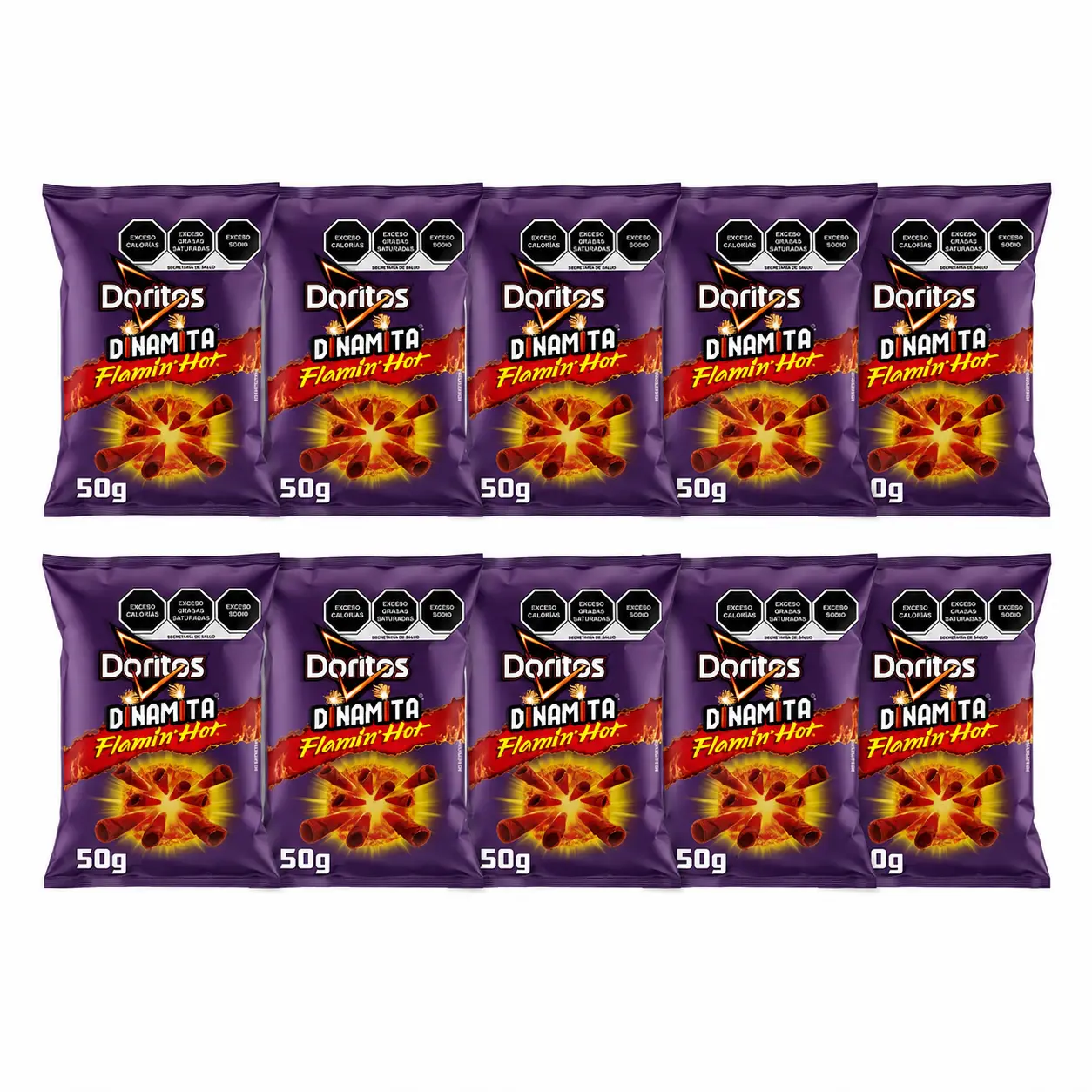 Doritos Mexicanos Dinamita Flamin’ Hot 10 Pack – Botanas Mexicanas Picantes, Taquitos de Maíz, Snacks Mexicanos, 50g c/u