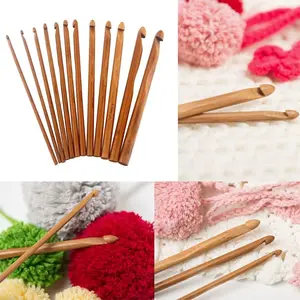 3mm-10mm Bamboo Rod Carbonized Round Hook Needles, 12pcs Set, Bamboo Handle Yarn Hooks, DIY Handmade Knitting Tool Kit