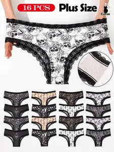 【Plus Size】 All Over Print Contrast Lace Panty, Soft Comfy Breathable Knicker for Daily Wear, Women's Underwear for All Seasons, Lace Trim Briefs, Fashion Breathable Underwear, Breathable Comfy Panties
