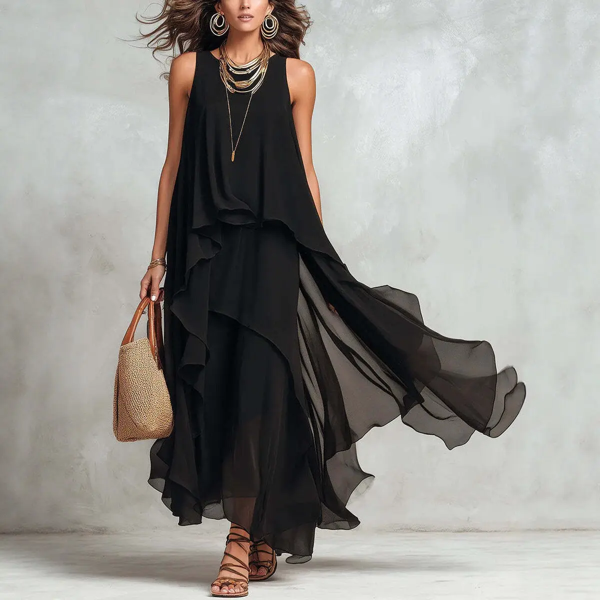 Chic Flowy Black Sleeveless Asymmetrical Chiffon Long Dress